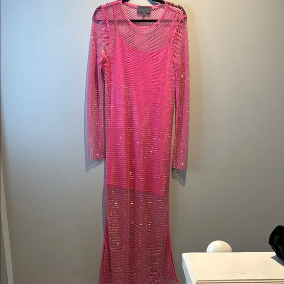Anthropologie Sunday in Brooklyn Elegant Pink Rhinestone Mesh Maxi Dress - Picture 2 of 4